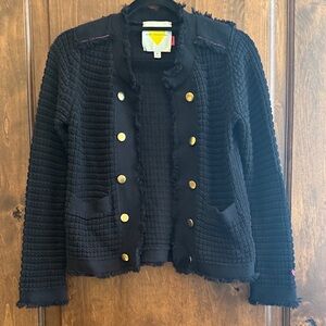 Chic Black Woven Blazer with Gold Buttons
